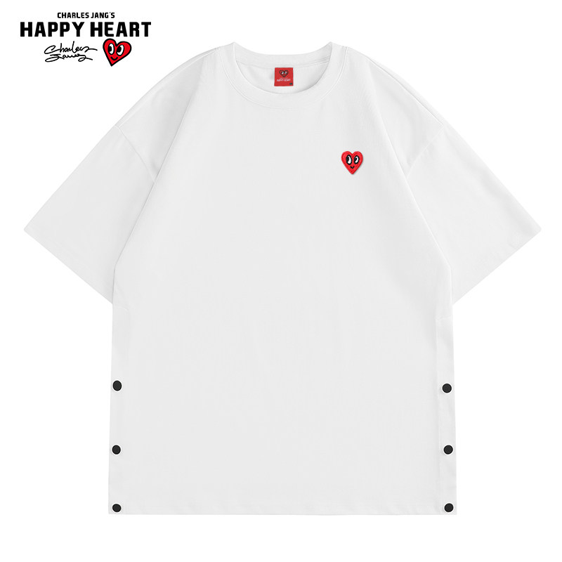 查尔斯桃心 美式纯棉短袖T恤男女夏季纽扣下摆半开潮牌2025新款