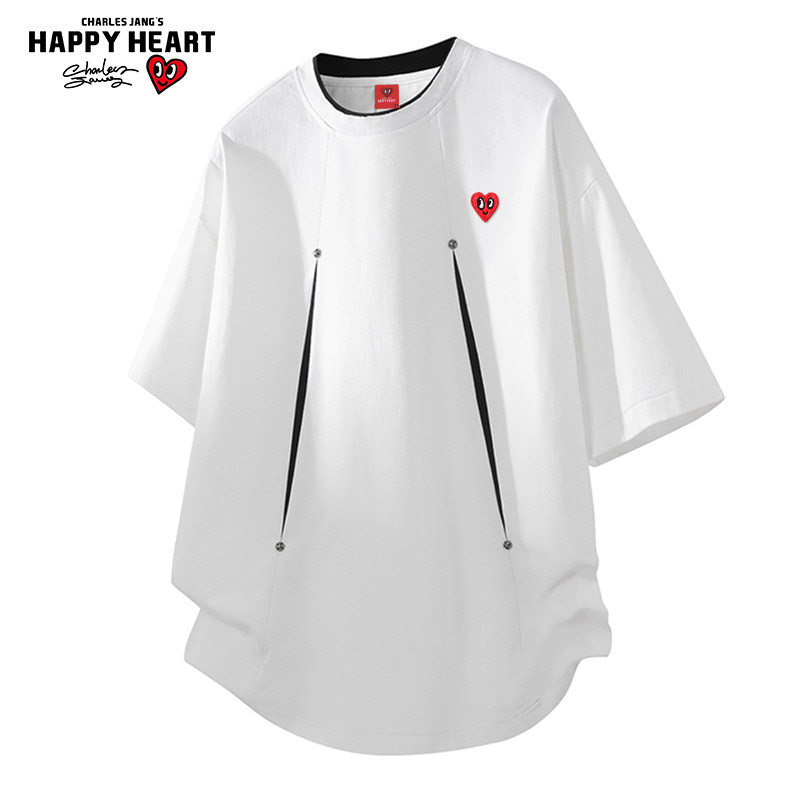 查尔斯桃心 美式解构设计感重磅短袖T恤男夏季铆钉撞色宽松五分袖