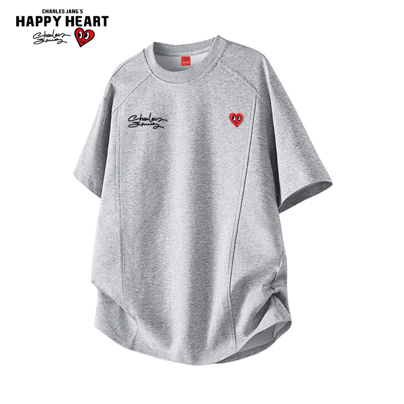 查尔斯桃心美式圆领解构潮牌T恤短袖夏季宽松百搭情侣休闲上衣服