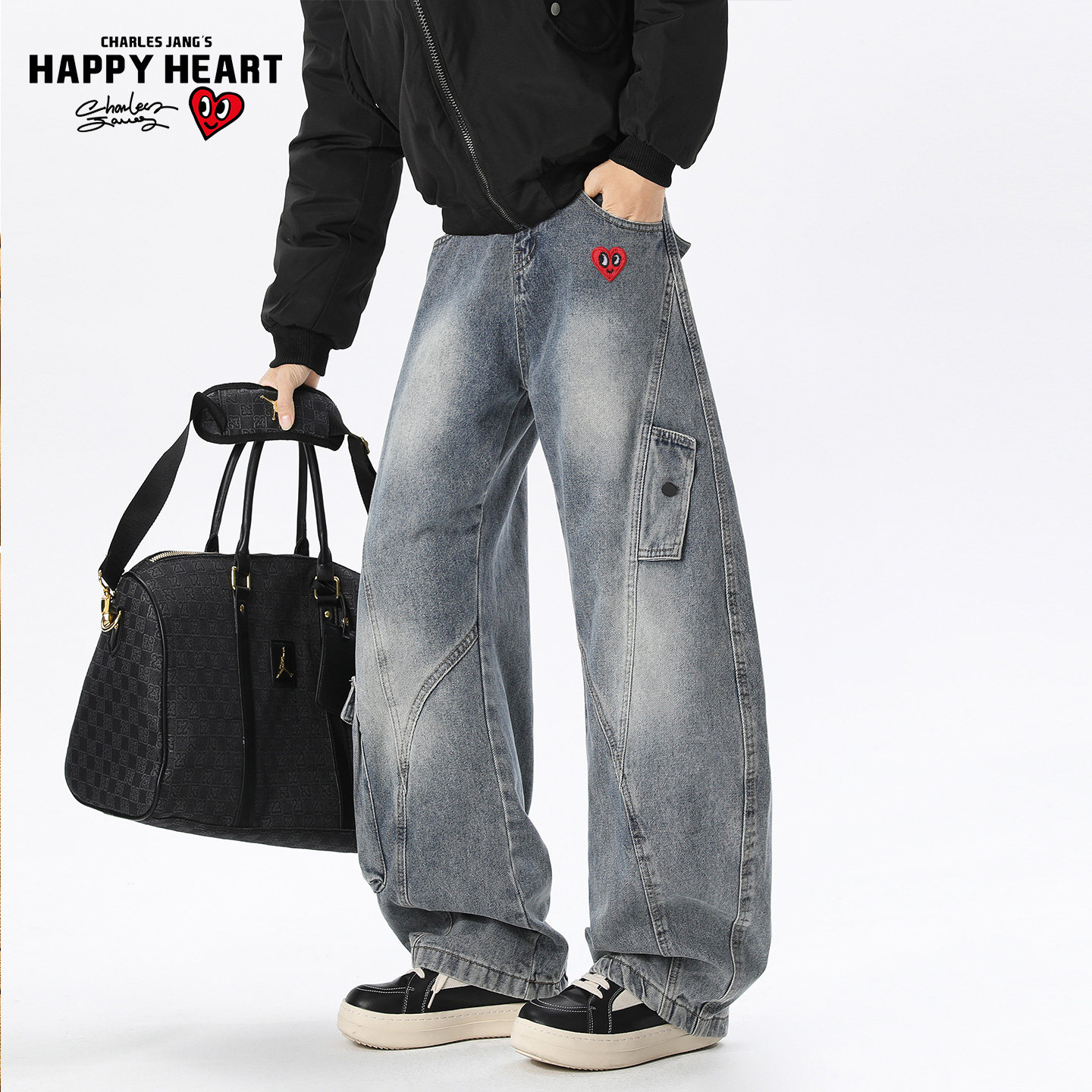 查尔斯桃心复古弯刀工装牛仔裤男春秋季爱心刺绣磨白重磅长裤子,男装,牛仔裤,淘宝优惠券,粉丝福利购,淘宝优惠卷