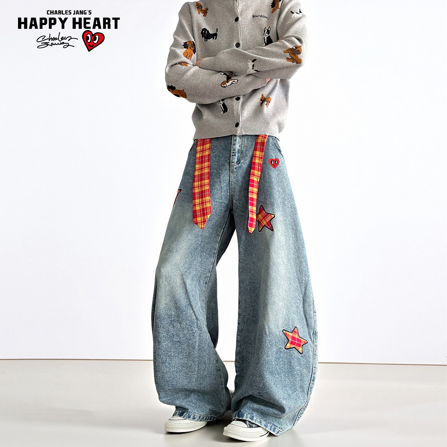 查尔斯桃牛仔裤男女同款美式弯刀