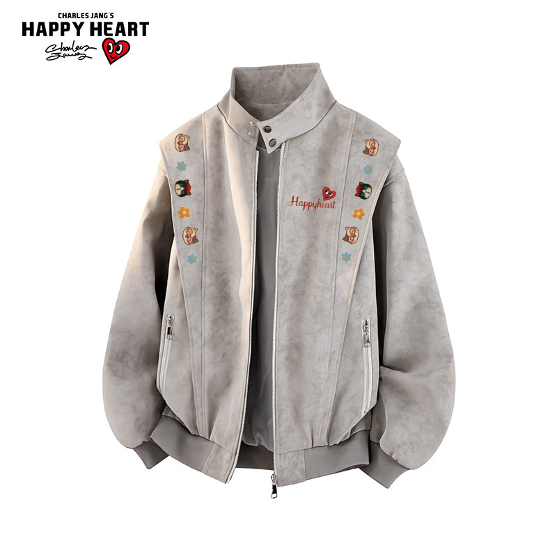 查尔斯桃心小猫印花美式复古潮牌夹克男女春秋季百搭休闲情侣外套