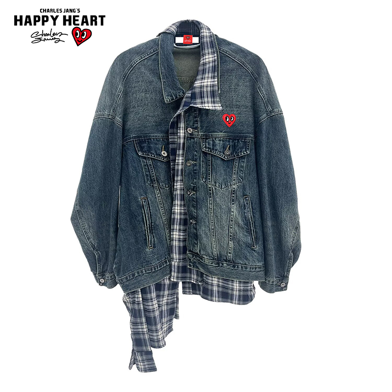 查尔斯桃心格纹假两件牛仔夹克