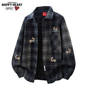 查尔斯桃心腊肠狗重磅格子呢绒长袖衬衫男秋冬季加厚美式复古外套