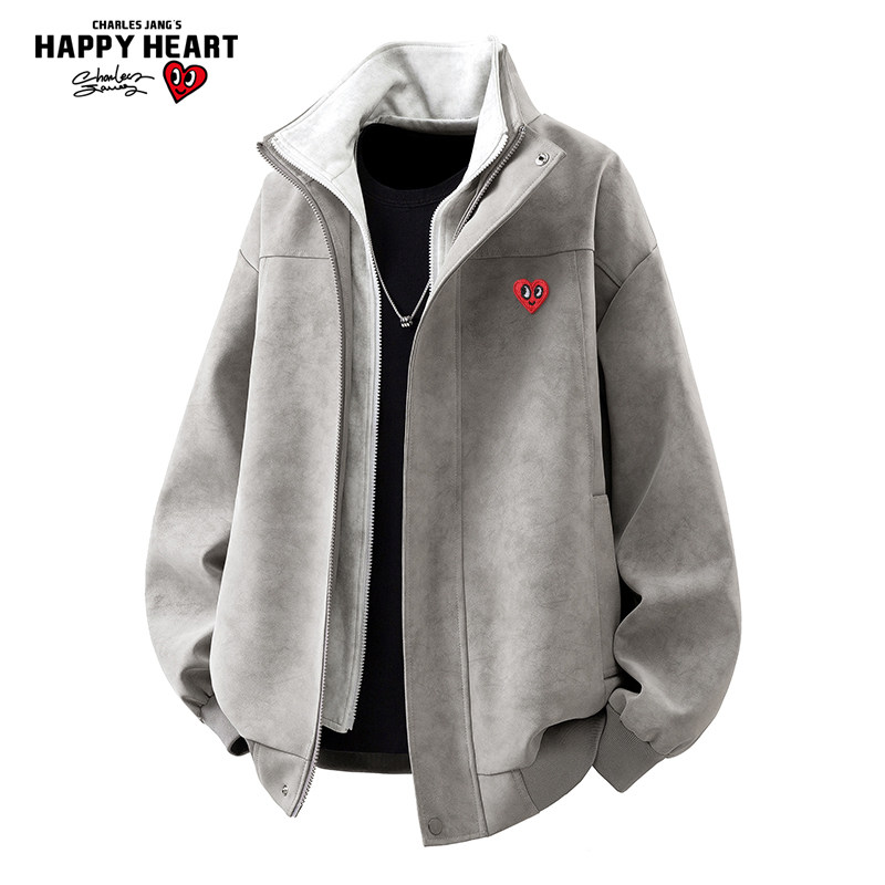 查尔斯桃心 PU皮衣假两件夹克男春秋季立领宽松休闲百搭拼接外套