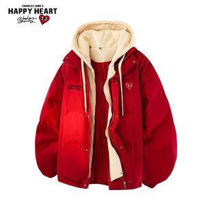 查尔斯桃心马年红色假两件羽绒服男士冬季新款休闲百搭保暖外套潮