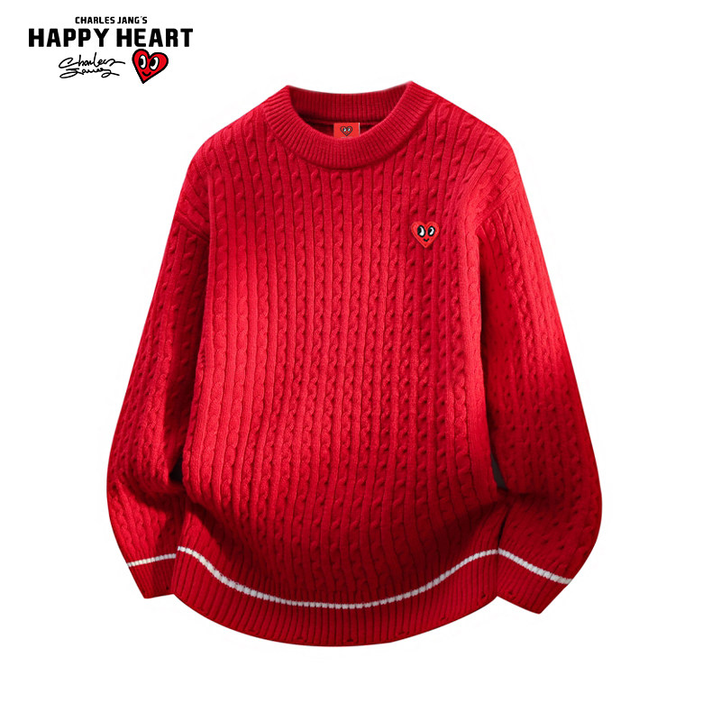 查尔斯桃心圣诞红色毛衣男女冬季新款宽松休闲麻花针织衫情侣上衣