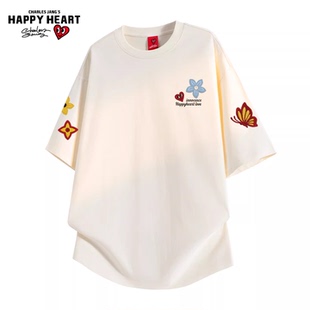 纯棉百搭透气情侣上衣 t恤男圆领夏季 查尔斯桃心美式 蝴蝶印花短袖