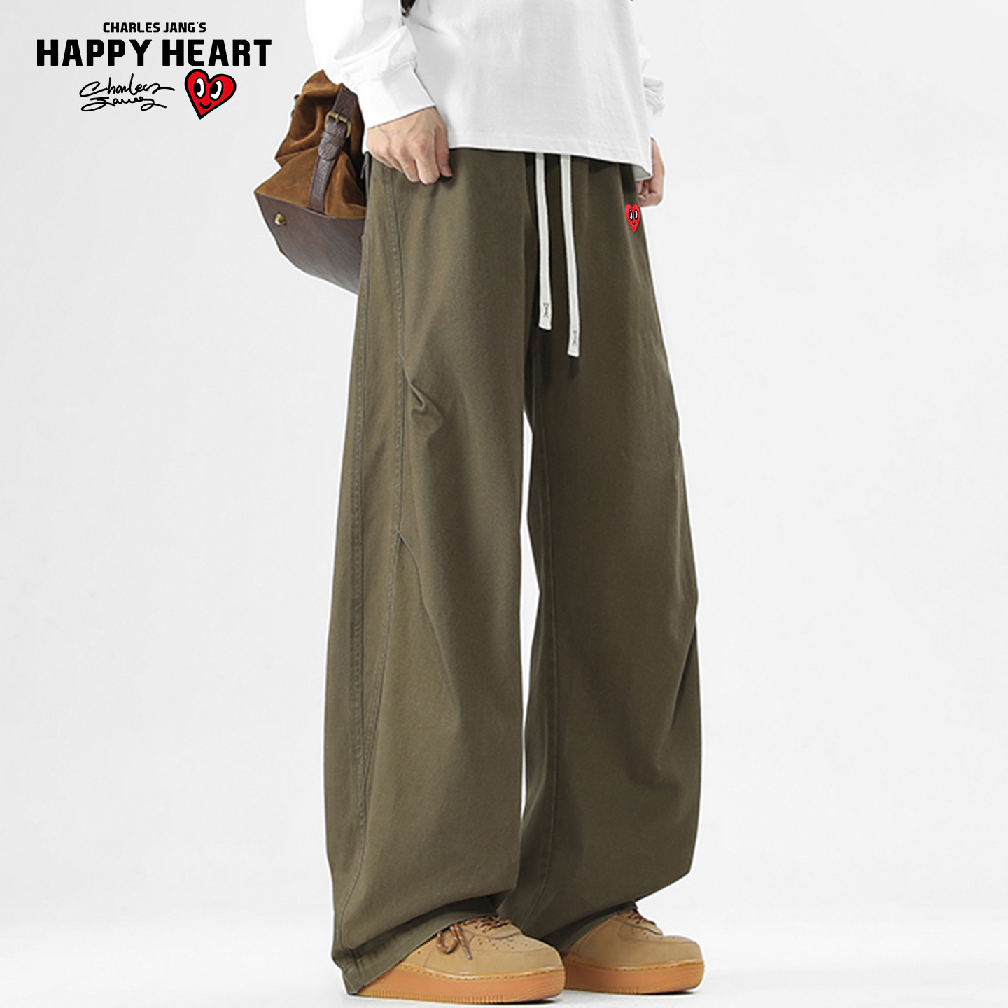 查尔斯桃心纯棉裤子男款春秋季2026新款美式宽松阔腿直筒休闲长裤