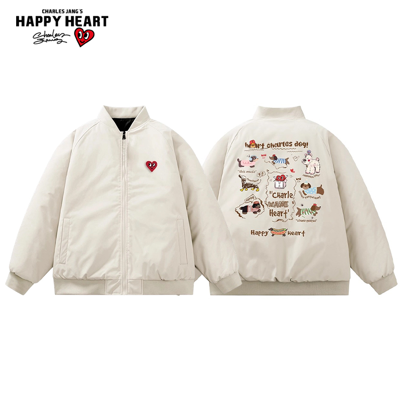 查尔斯桃心小狗印花棒球领棉服