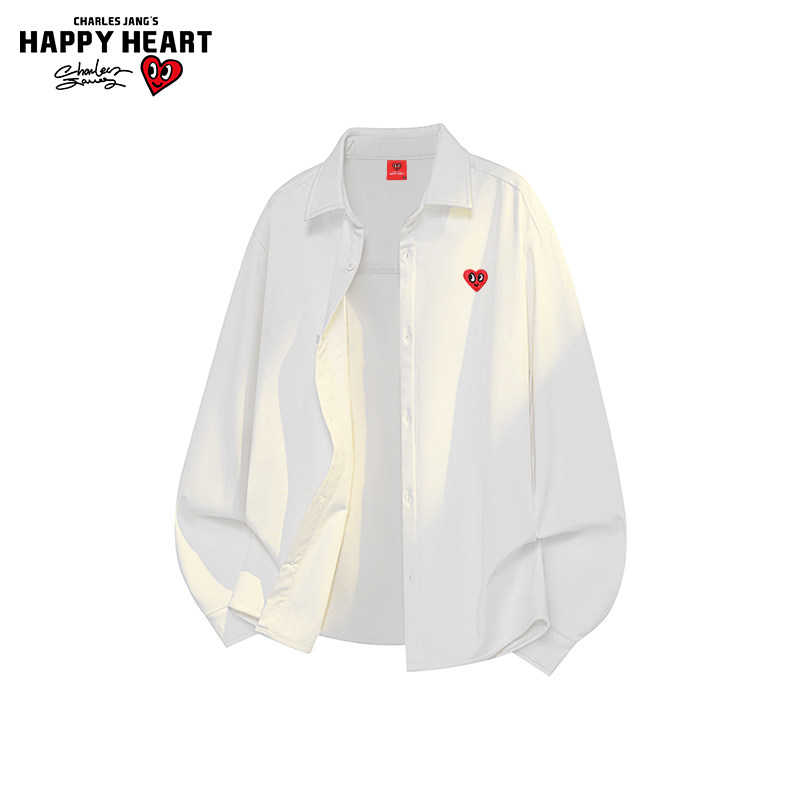 查尔斯桃心纯色长袖衬衫男春秋冬季加绒加厚白色通勤新款休闲上衣