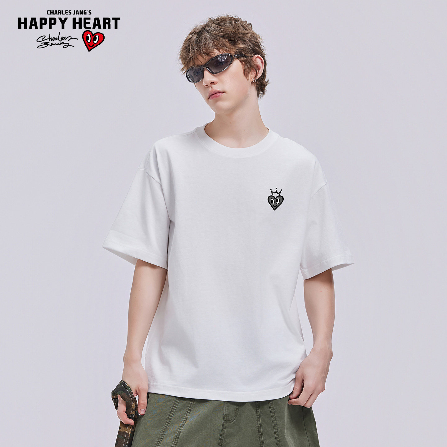 查尔斯桃心简约品牌logo印花纯棉短袖T恤男女夏透气宽松情侣半袖