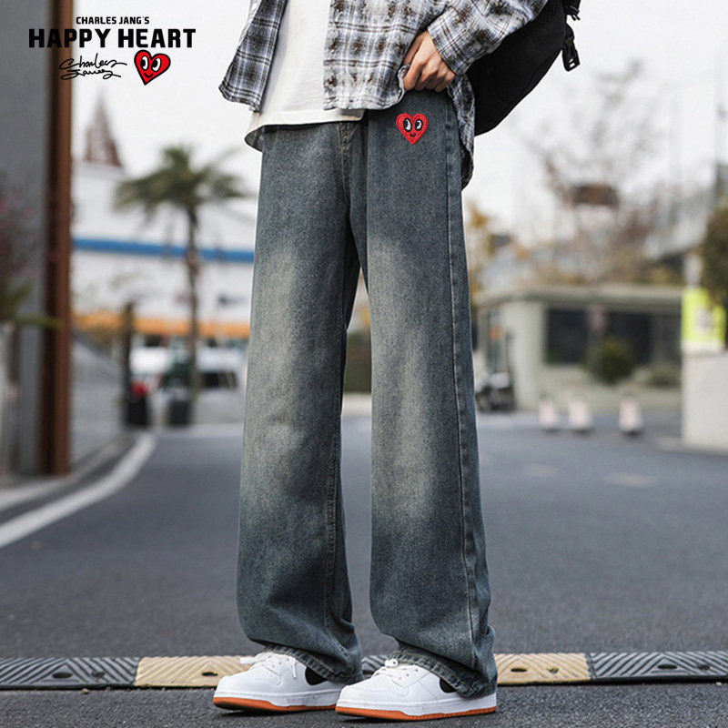 查尔斯桃心 牛仔裤男美式潮牌复古磨白新款直筒阔腿微喇休闲长裤