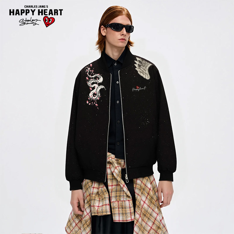 查尔斯桃心烫金满天星飞行服夹克