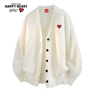 潮牌针织衫 查尔斯桃心 新款 毛衣男春秋季 外套 纯色V领仿水貂绒开衫