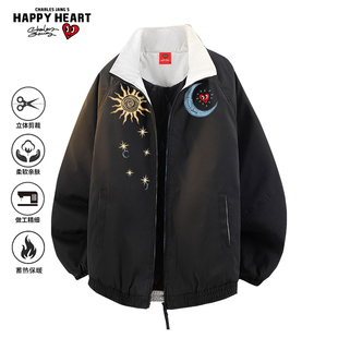 查尔斯桃心美式 图案印花加厚保暖防寒棉服外套潮 立领棉衣男女冬季
