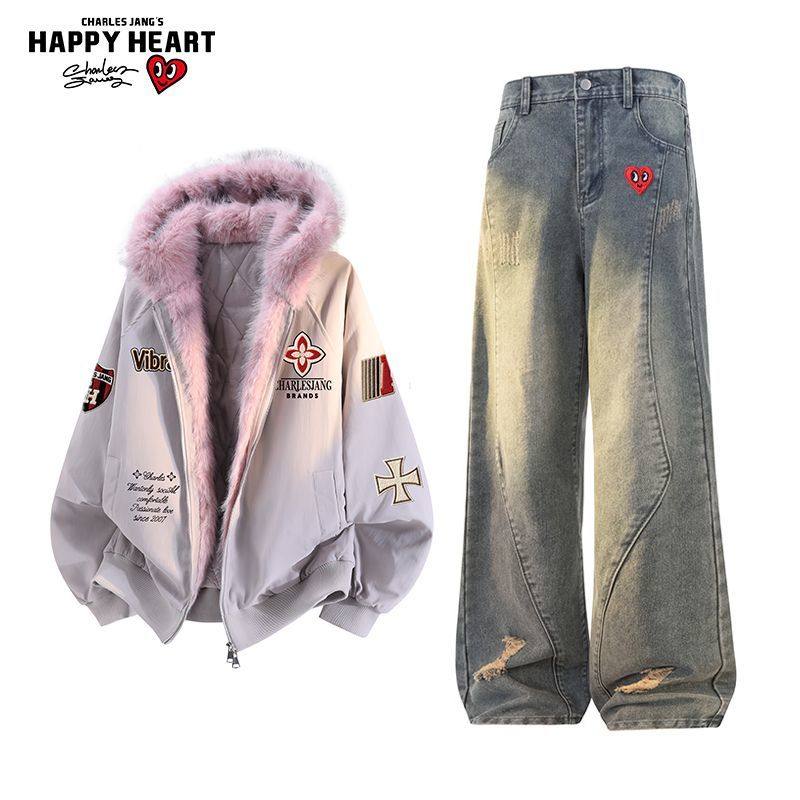 查尔斯桃心休闲套装男女冬季徽章座山雕连帽棉衣保暖牛仔裤两件装,男装,休闲运动套装,淘宝优惠券,粉丝福利购,淘宝优惠卷