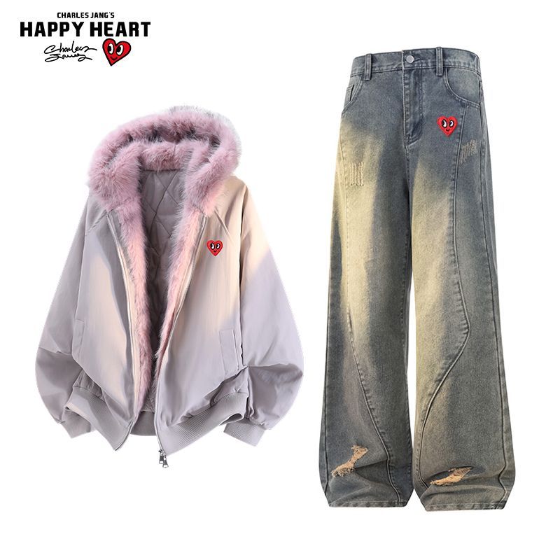 查尔斯桃心座山雕棉衣休闲套装男