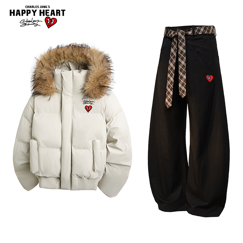 查尔斯桃心毛领棉衣服休闲套装男女冬季新款潮流情侣弯刀长裤两件