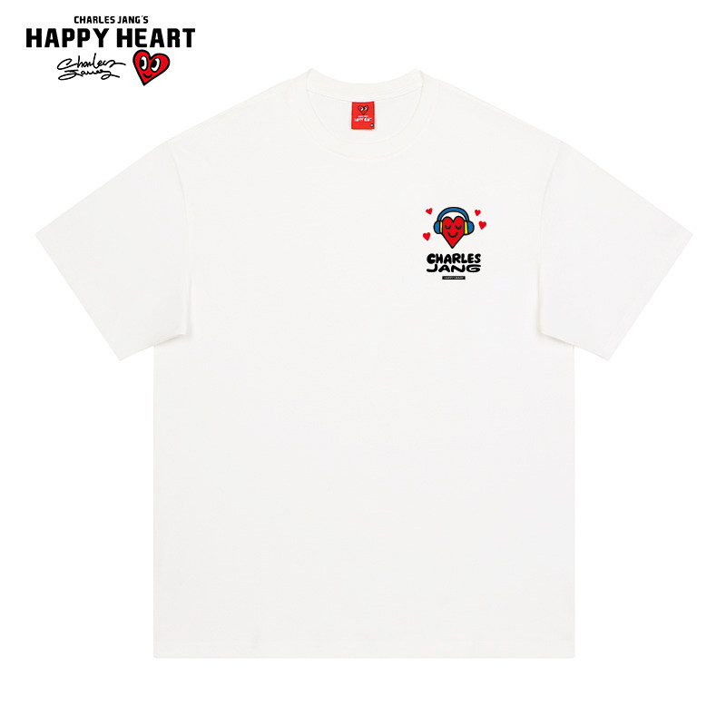 查尔斯桃心 爱心印花短袖t恤男2026夏季圆领纯棉宽松白色情侣上衣