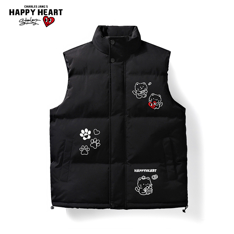 查尔斯桃心卡通童趣印花美式立领棉服马甲男女秋冬季情侣休闲外套