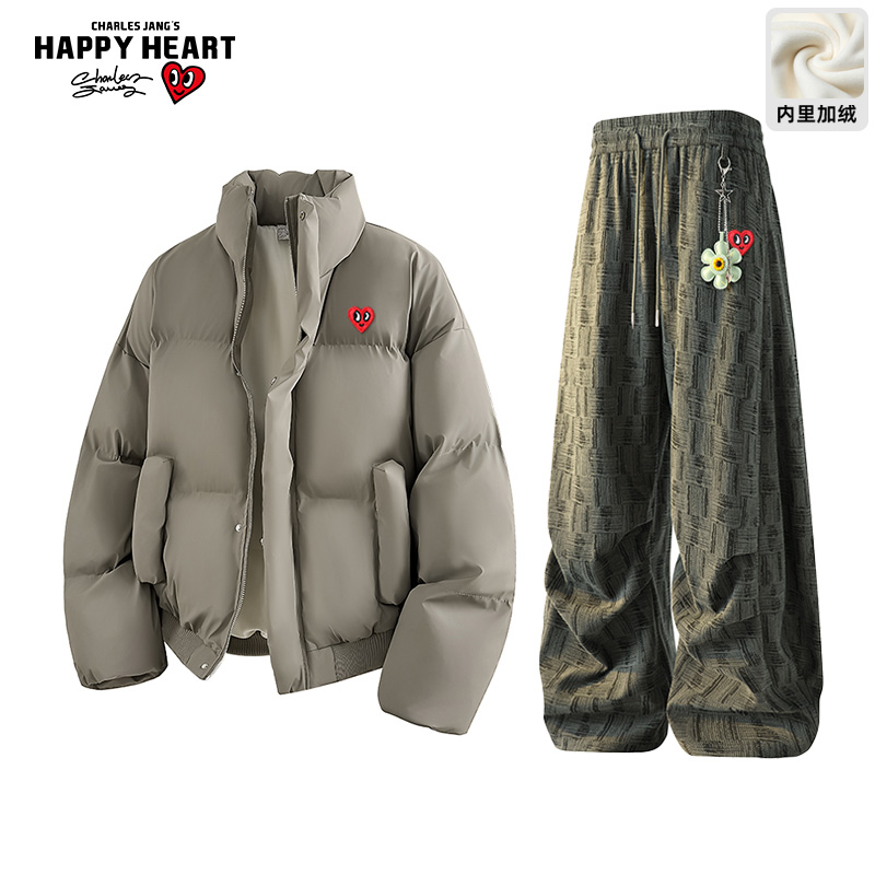 查尔斯桃心立领PU皮棉衣休闲套装