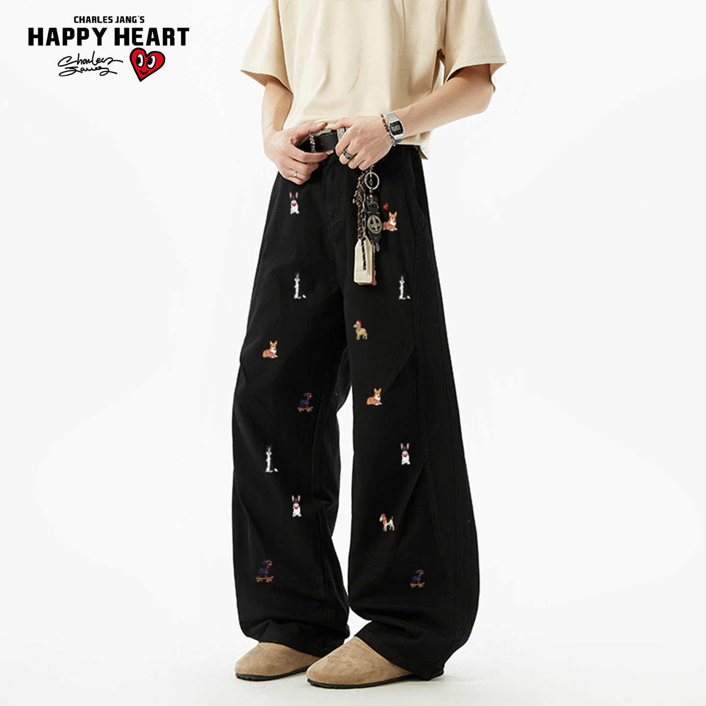 查尔斯桃心美式拼接弯刀裤子男款春秋季宽松直筒阔腿工装休闲长裤