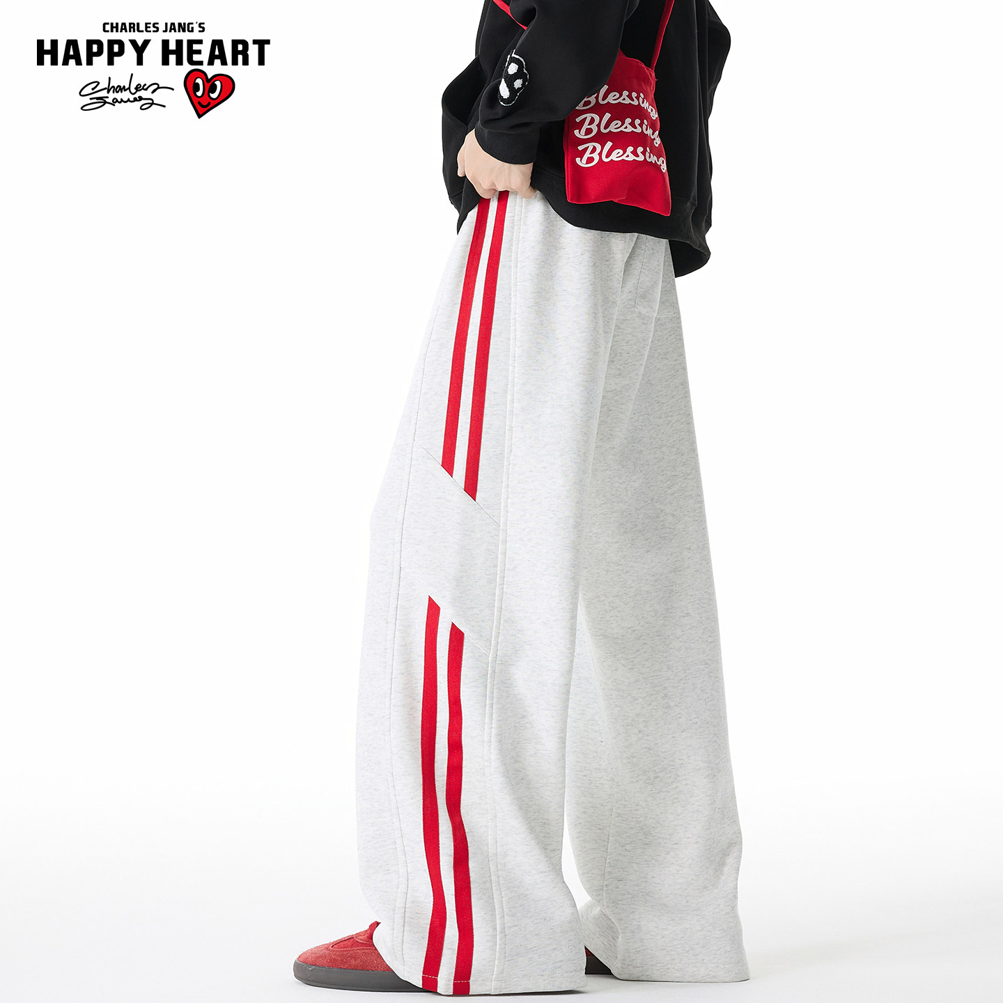 查尔斯桃心美式条纹运动卫裤男秋冬季加绒加厚宽松垂感直筒休闲裤