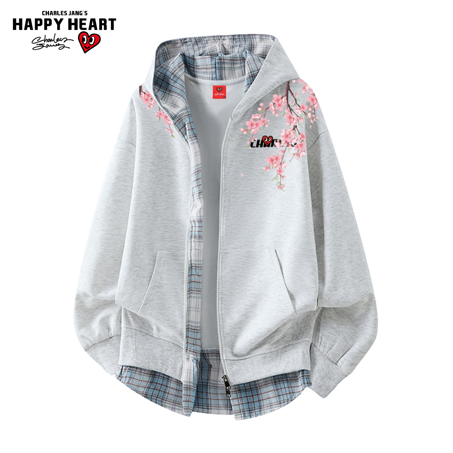 查尔斯桃心花卉印花假两件连帽开衫卫衣男女款春秋季情侣美式外套