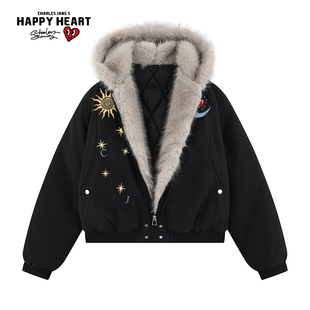 查尔斯桃心座山雕复古冬季新款星月情侣加绒加厚保暖连帽棉服外套