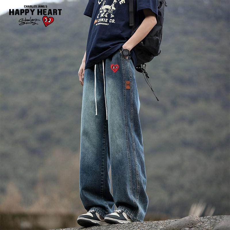 查尔斯桃心 牛仔裤男美式复古高街宽松直筒阔腿春秋季潮牌休闲裤