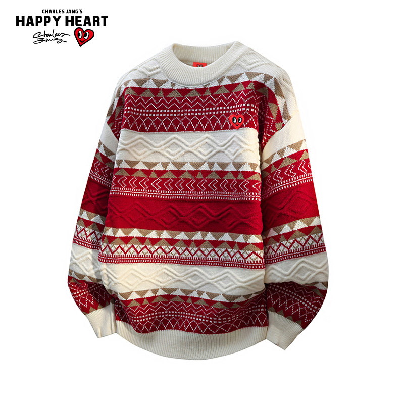 查尔斯桃心复古提花圆领毛衣冬季2026新款宽松保暖情侣针织衫上衣