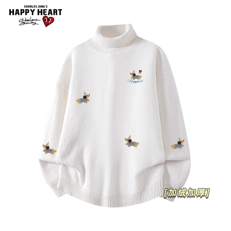 查尔斯桃心腊肠狗印花半高领针织衫男女新款冬季宽松加绒加厚毛衣
