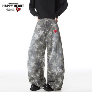 查尔斯桃心美式星星满印牛仔裤男2026新款宽松阔腿直筒弯刀长裤子