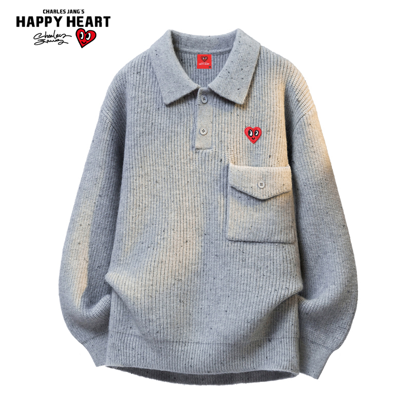 查尔斯桃心POLO衫翻领毛衣男撞色冬季爱心刺绣大口袋情侣针织上衣
