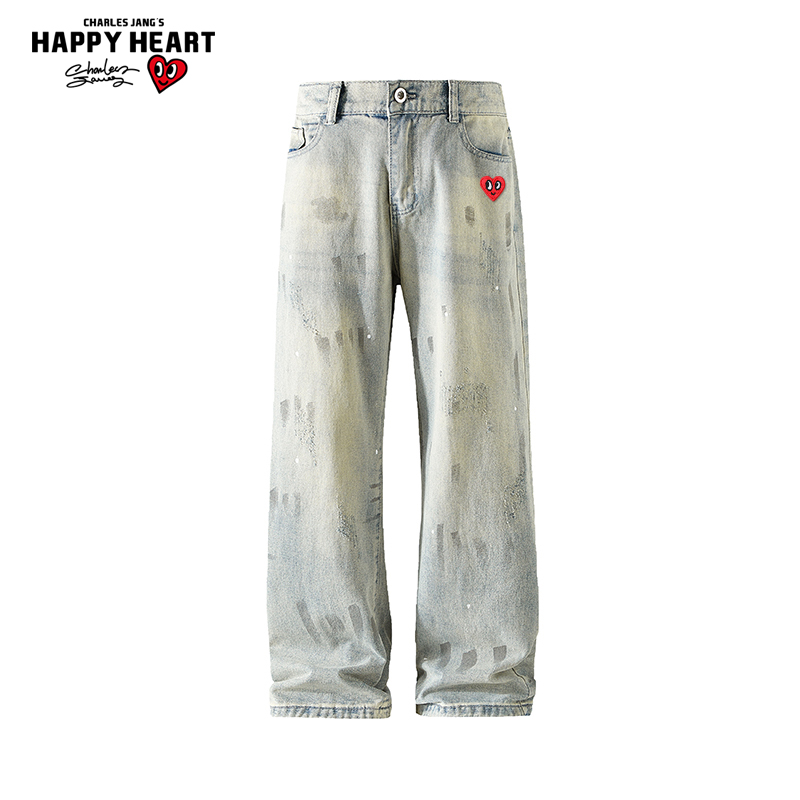 查尔斯桃心美式复古泼墨爪痕牛仔裤新款男女