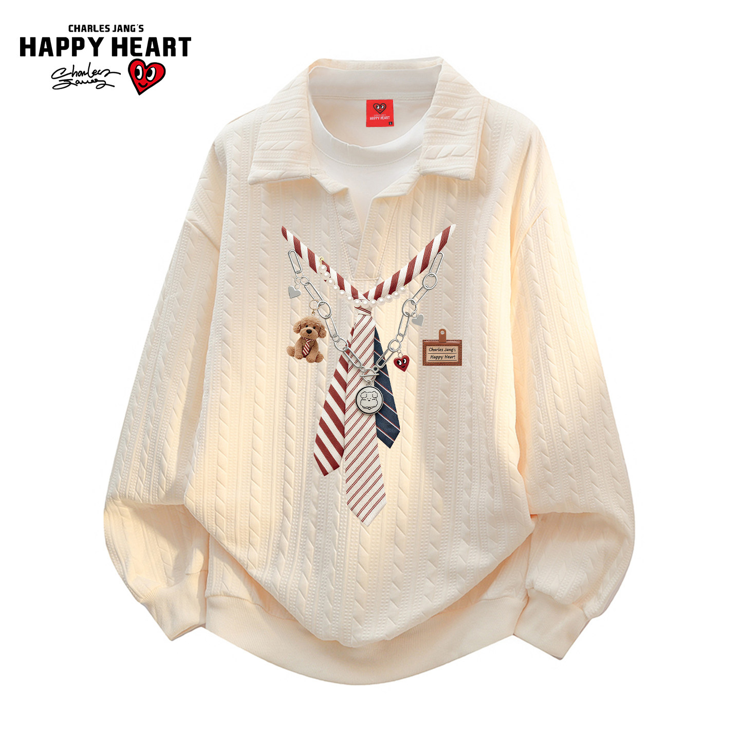 查尔斯桃心涂鸦领带假两件衬衫领卫衣男女秋冬季新款情侣休闲衣服