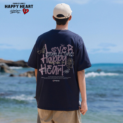 查尔斯桃心2026新款短袖美式重磅短袖男设计字母印花标语爱心潮流
