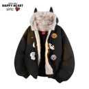 查尔斯桃心小狗印花座山雕棉衣男女冬季 潮牌毛领连帽情侣棉服 新款