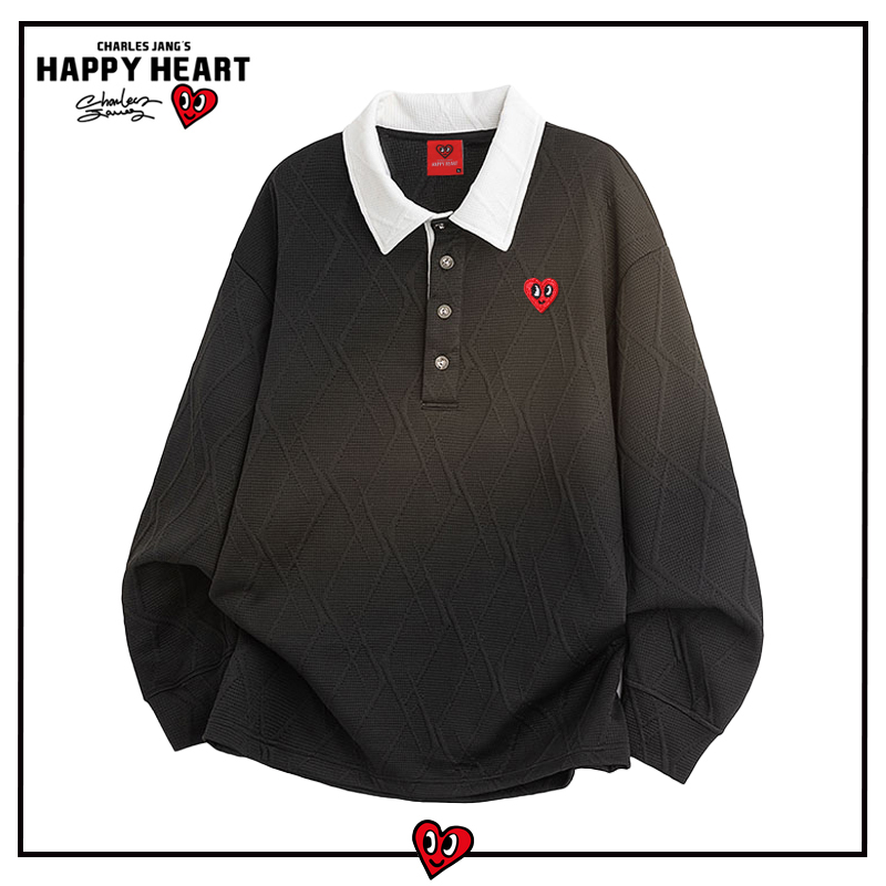 查尔斯桃心美式撞色POLO衬衫领卫衣男秋季宽松休闲潮流情侣上衣服