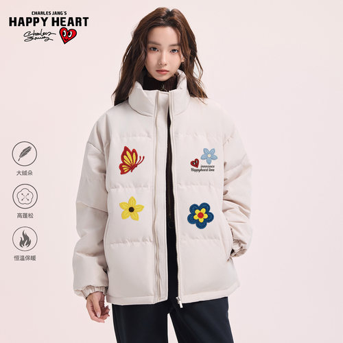 查尔斯桃心花卉印花80鸭绒羽绒服