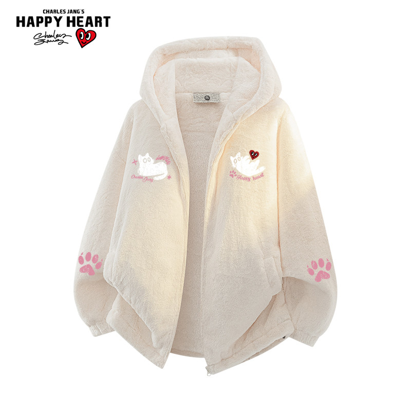 查尔斯桃心猫爪印花羊羔绒棉服男女冬季新款情侣连帽保暖加厚外套,男装,棉衣,淘宝优惠券,粉丝福利购,淘宝优惠卷