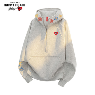 查尔斯桃心美式半拉链加绒加厚连帽卫衣男女冬季新款宽松重磅外套