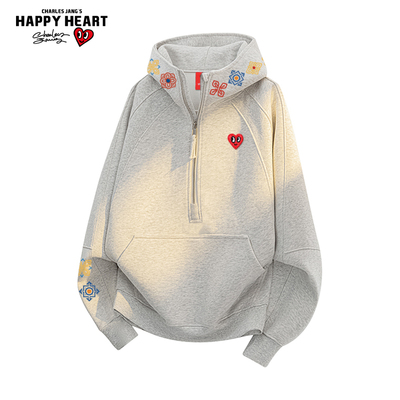 查尔斯桃心美式半拉链加绒加厚连帽卫衣男女冬季新款宽松重磅外套