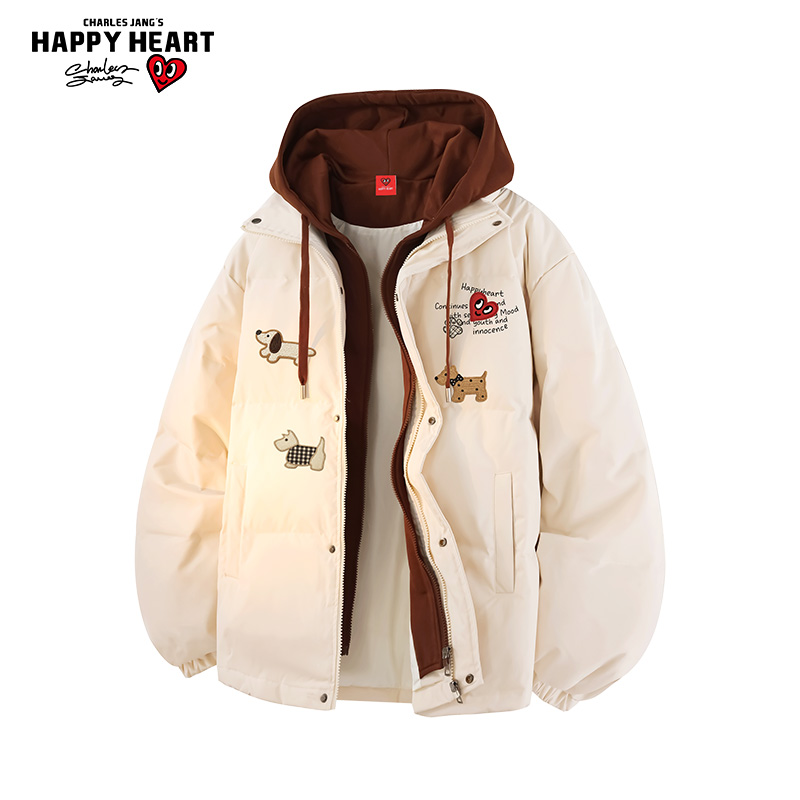 查尔斯桃心美式假两件连帽羽绒服男女冬季保暖新款防寒情侣外套