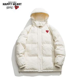 查尔斯桃心 纯色连帽棉服男女冬季加厚保暖爱心棉衣棉袄情侣外套