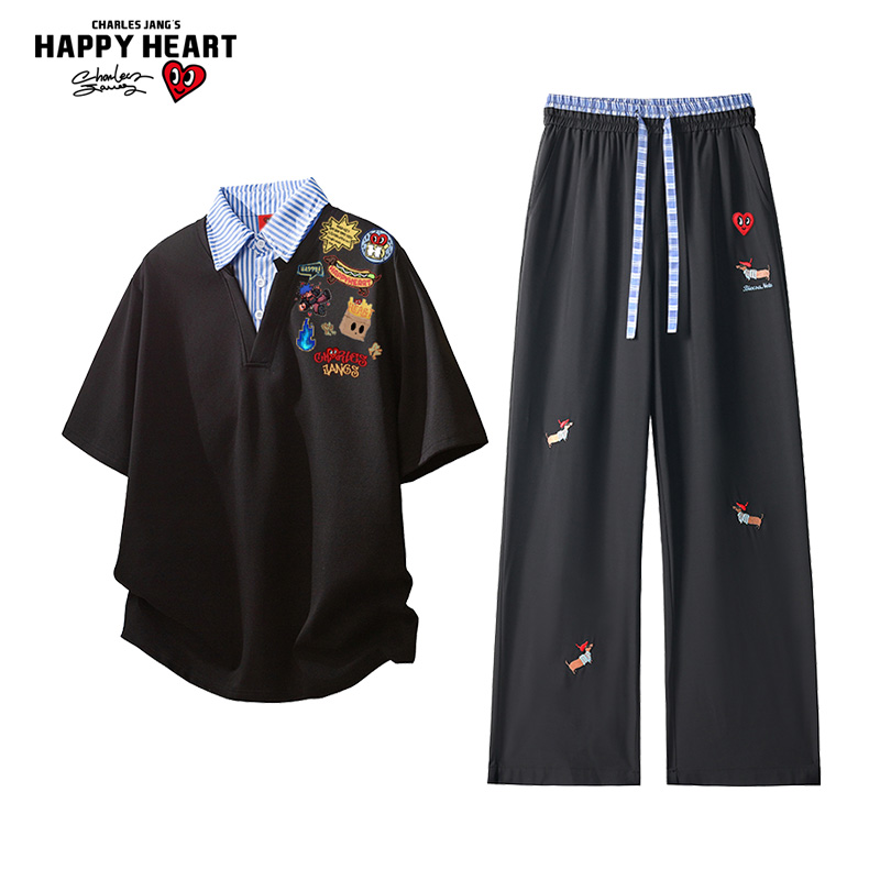 查尔斯桃心 卡通动漫休闲套装男新款POLO衬衫领短袖t恤直筒长裤子