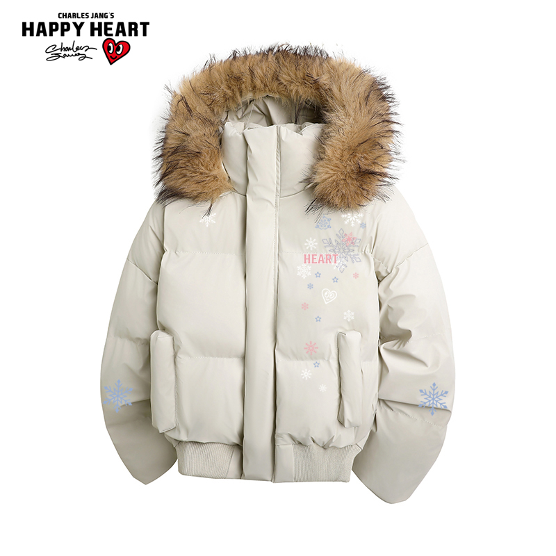 查尔斯桃心雪花印花毛领棉服男女