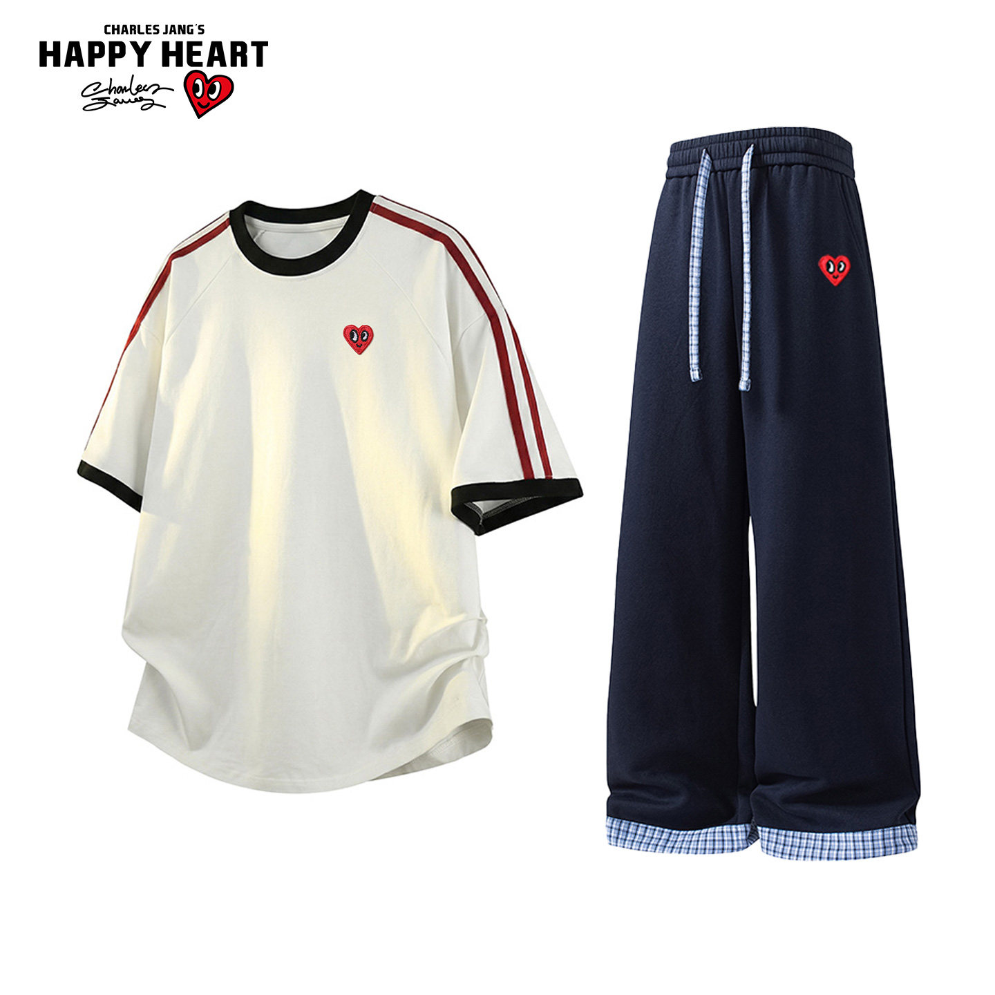 查尔斯桃心美式爱心潮牌运动套装男夏季撞色条纹情侣穿搭两件套