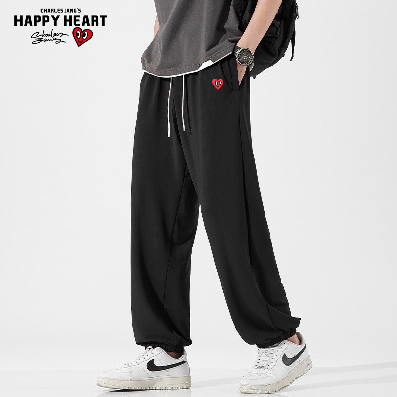 查尔斯桃心 裤子男款夏季弹力速干冰丝束脚黑色抽绳垂感休闲长裤